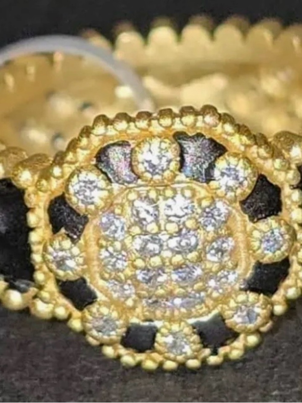 Gold Floral Cluster Ring with Black Enamel Accents - Women Jewelry